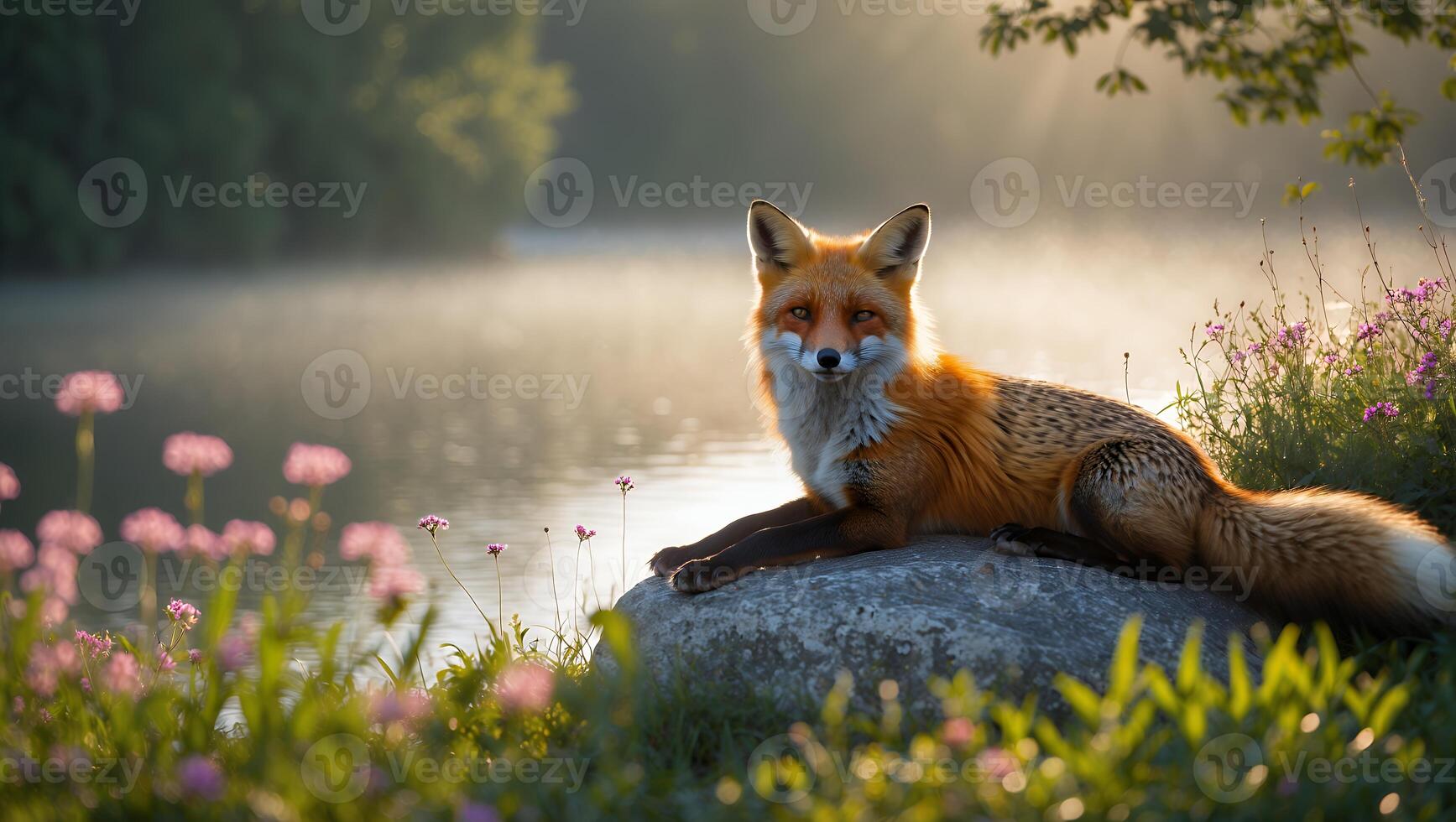 Fox Resting on Rock Near Misty Lake with Blooming Flowers photo