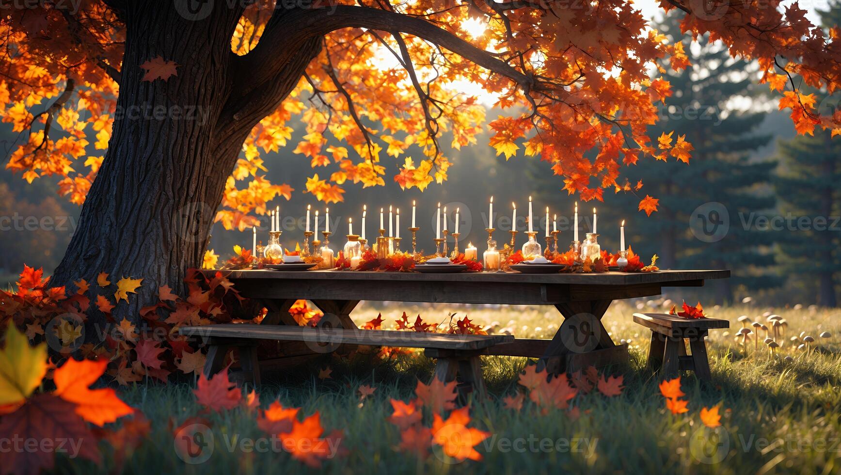 Autumn Picnic Table Set Under Tree with Fall Leaves and Candles photo