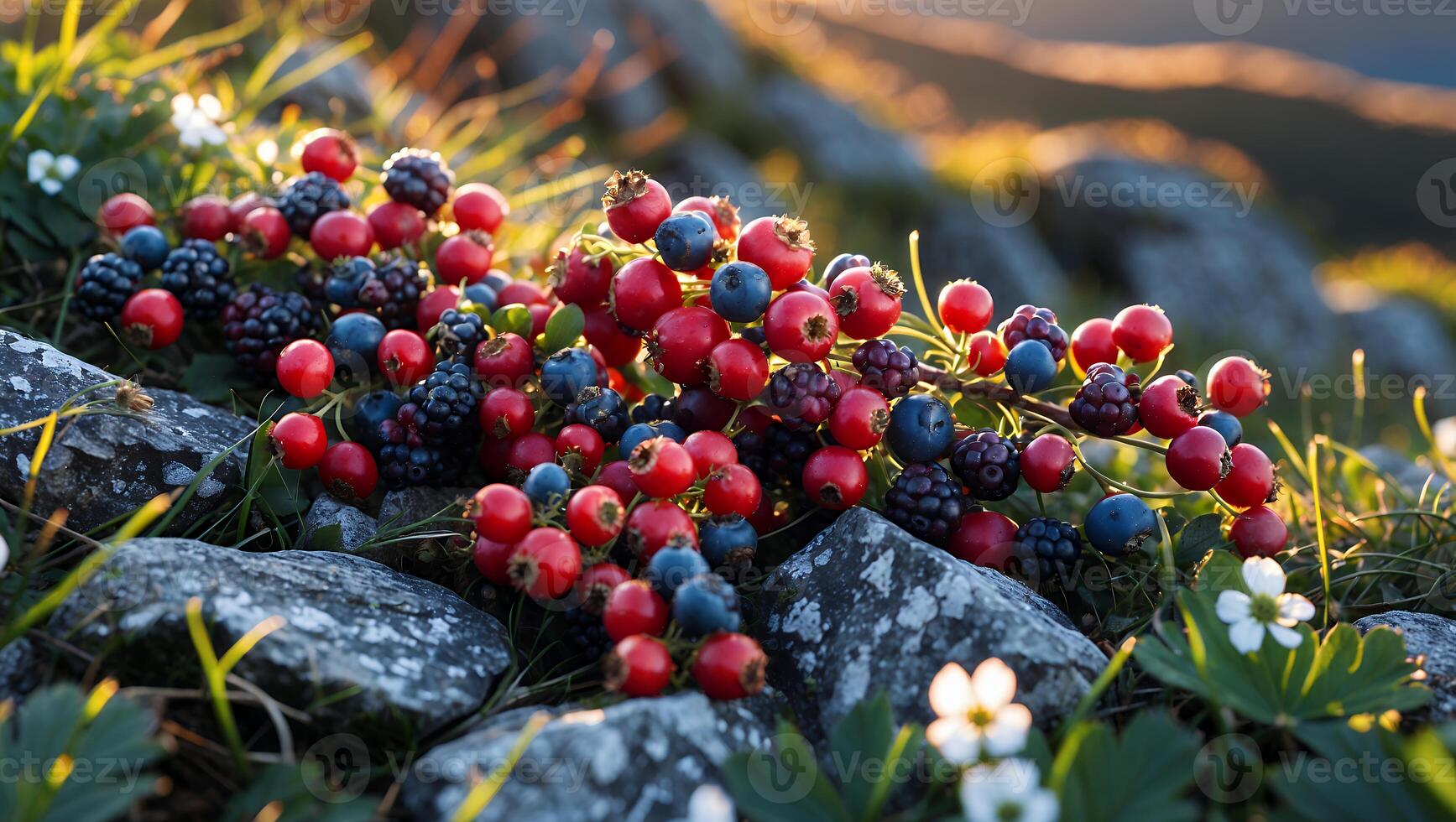 Collecting Fresh Wild Berries on Rocks in a Mountain Meadow photo