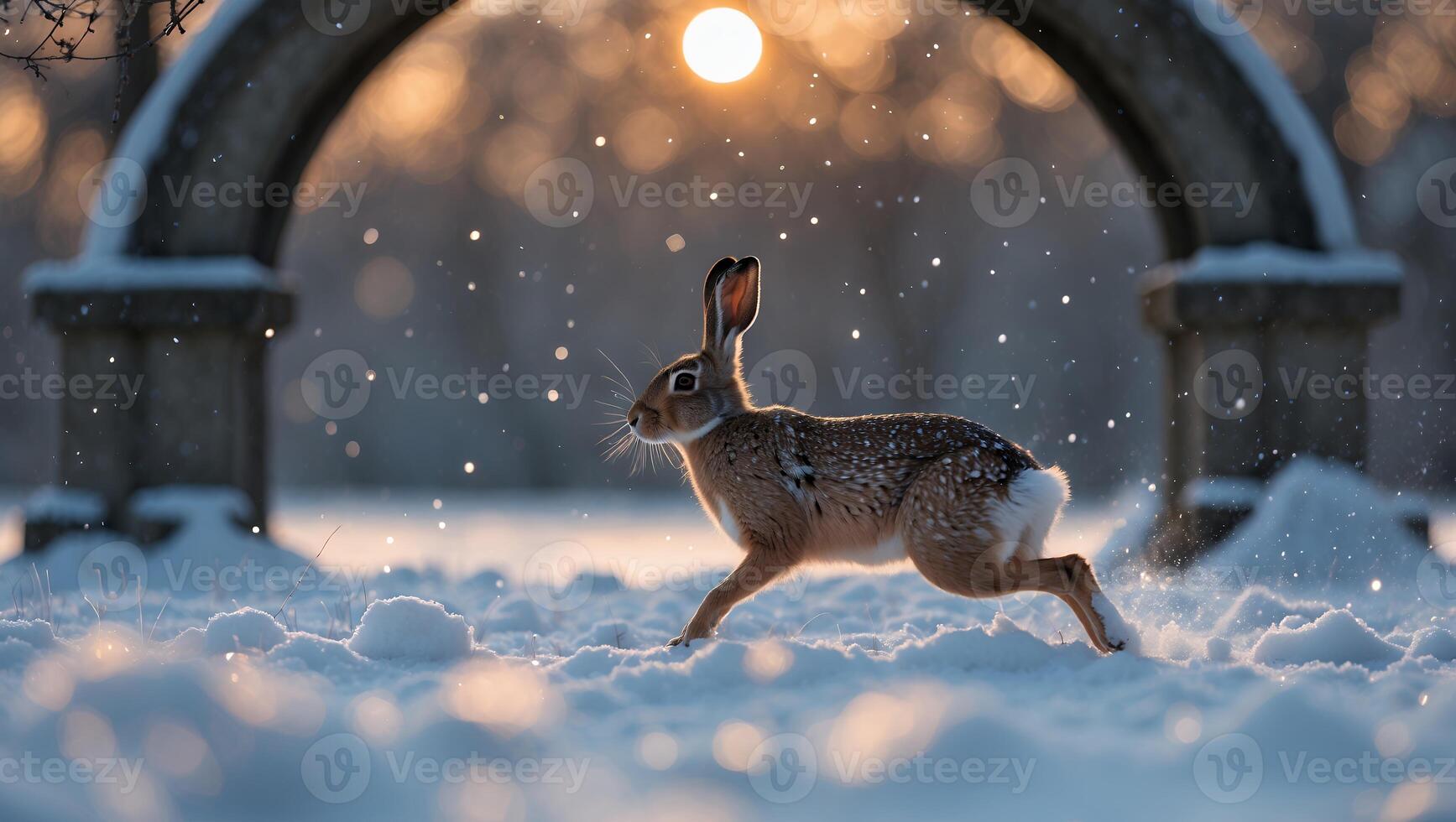 Hare Running Through Snow at Sunset in Winter Landscape Scenery photo