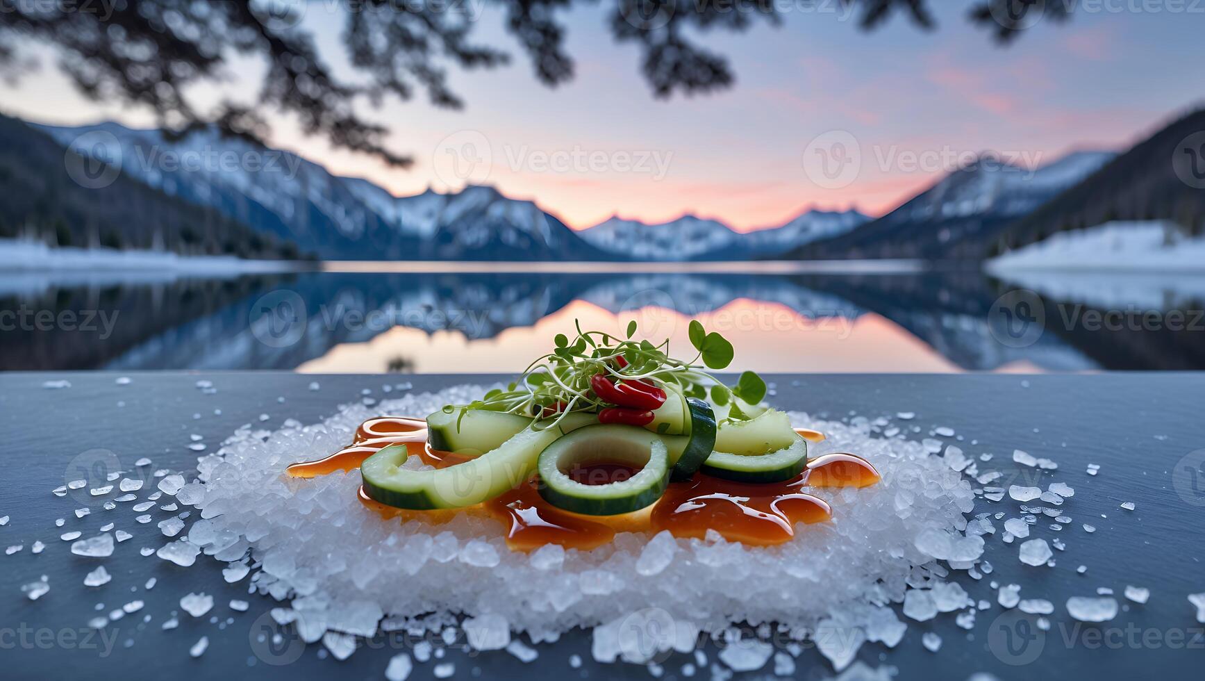 Cucumber Appetizer on Ice with Mountain Lake Background at Sunset photo