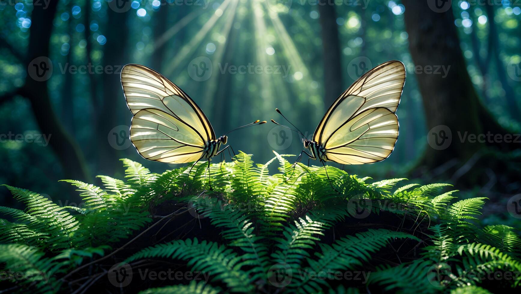 Two Butterflies Resting on Ferns in a Forest with Sunlight photo