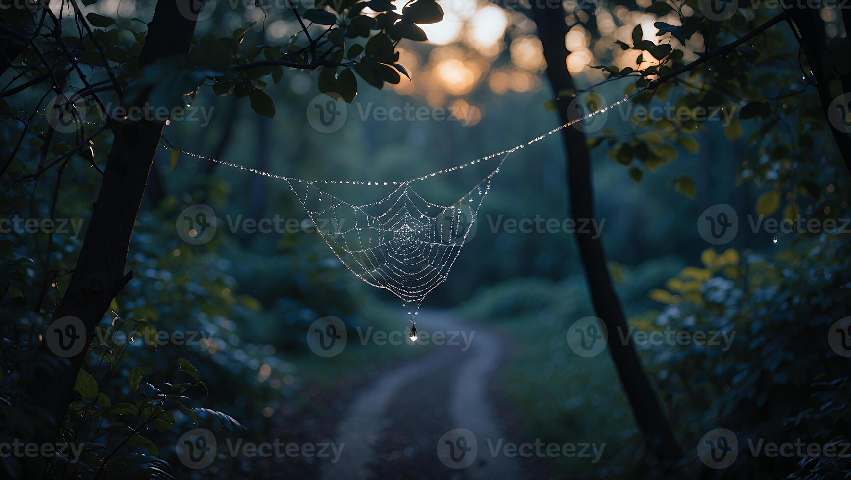 Spiderweb Covered in Water Droplets Hanging in Dark Forest Landscape photo