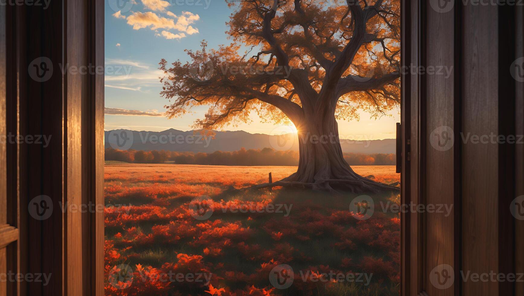 Viewing Majestic Tree in Field Through Open Door at Sunset photo