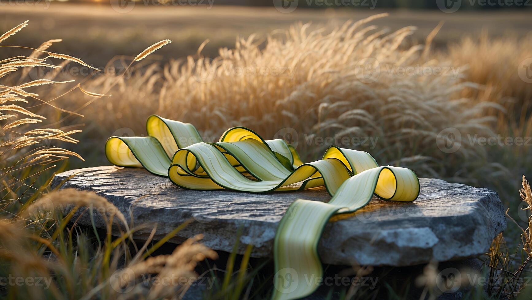 Curled Ribbon on Stone with Natural Grass Background at Sunset photo