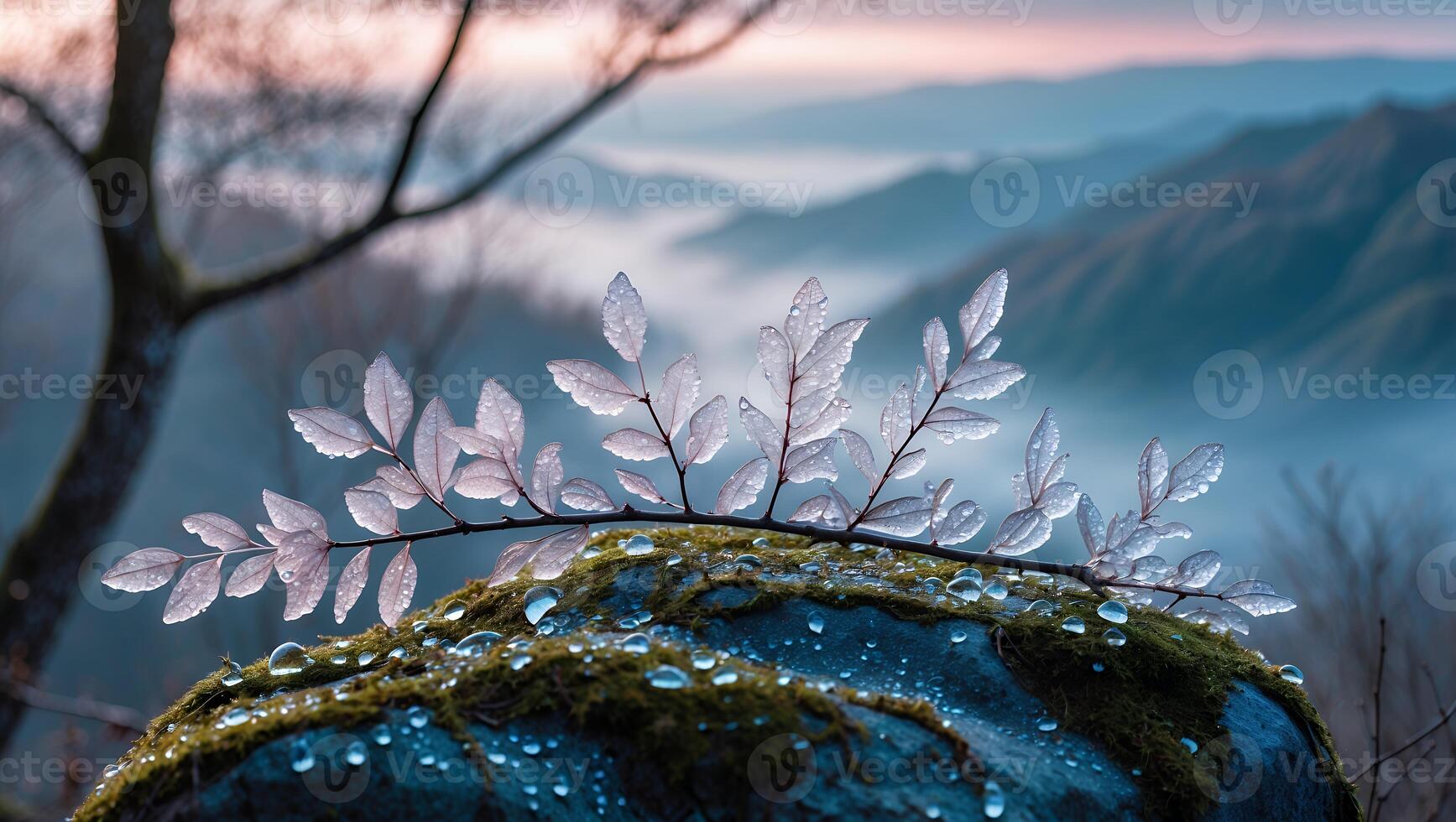 Dew Drops on Leaves and Mossy Rock with Misty Mountain View photo