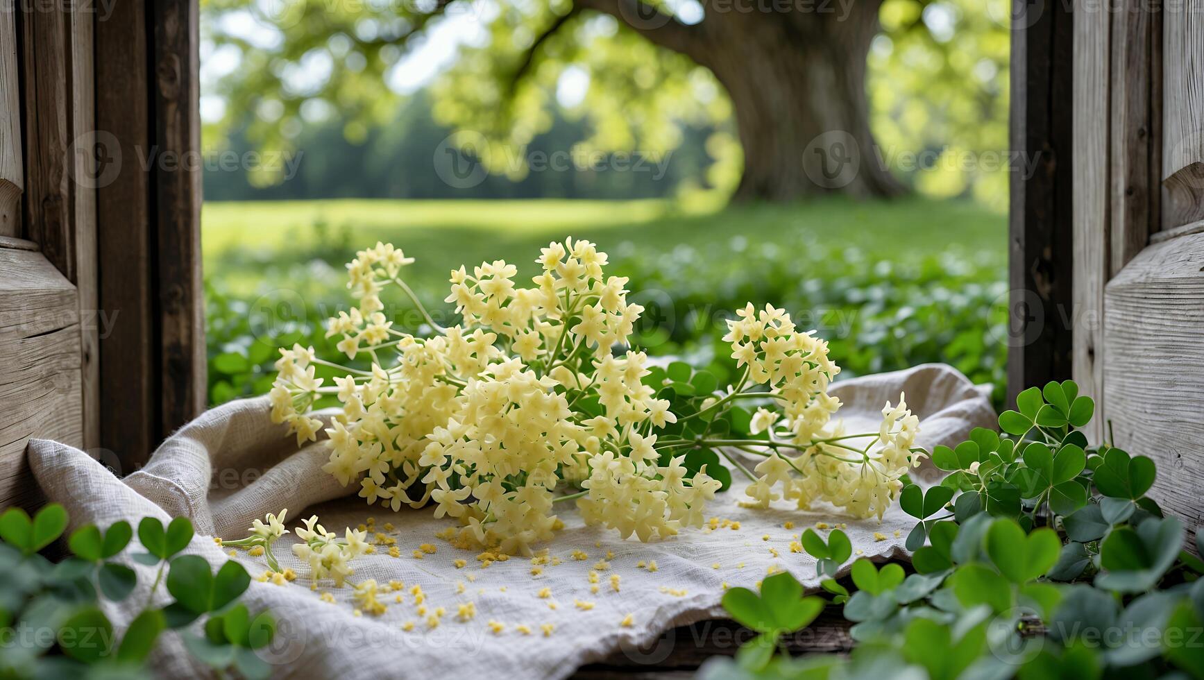 Arrangement of Light Yellow Flowers on Linen with Clover Foreground photo