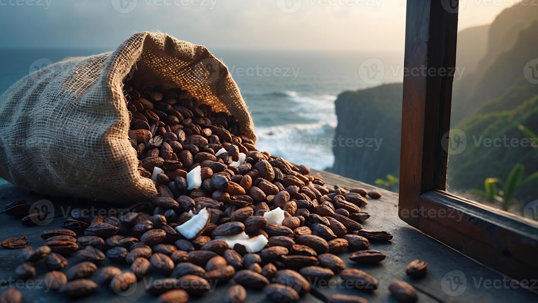 Spilling Cocoa Beans and Coconut From Burlap Sack Overlooking Ocean photo