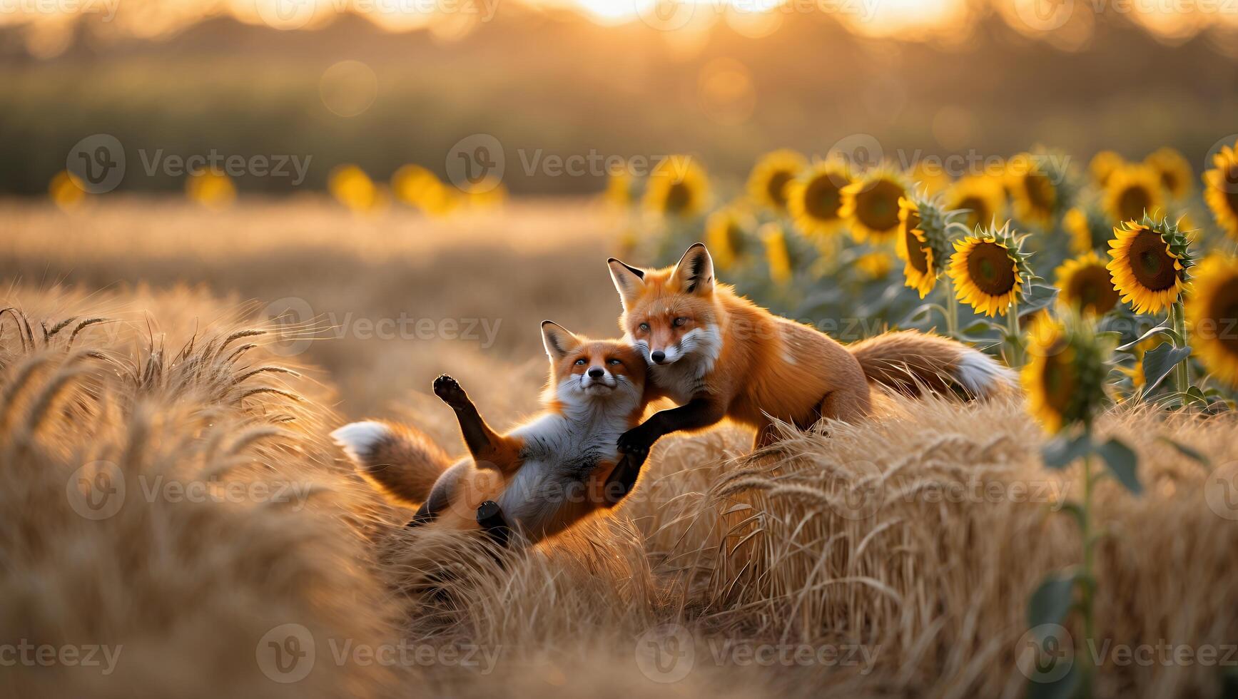 Two Foxes Playing in a Wheat Field with Sunflowers at Sunset photo