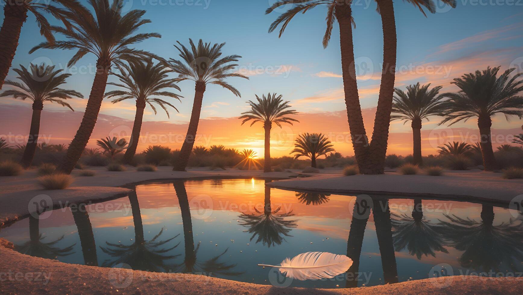 Palm Trees Reflecting in Oasis Pool at Sunset with Feather photo