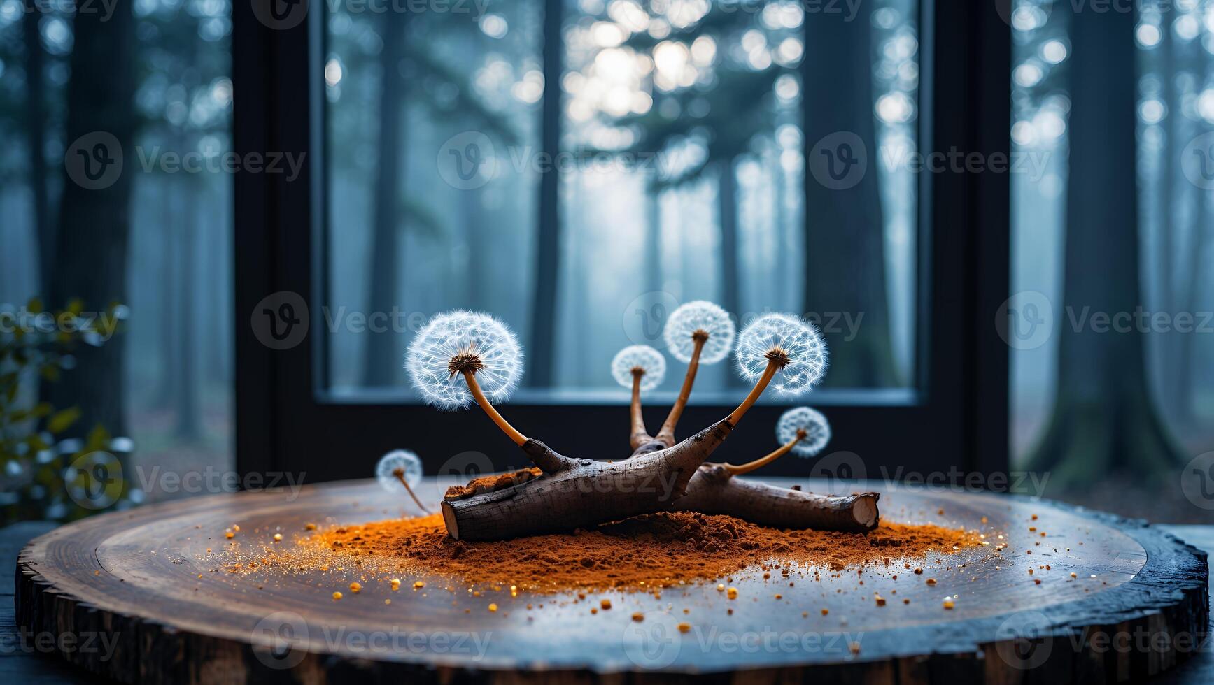Dandelion Seed Heads on Log Slice with Forest Background Still Life photo