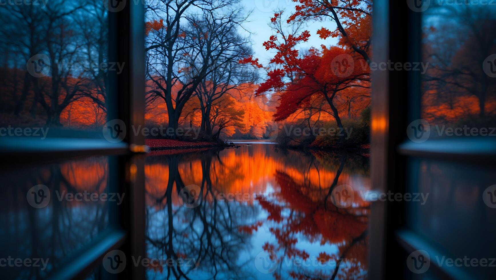 Autumn Foliage Reflected in Lake Viewed Through a Window Frame photo