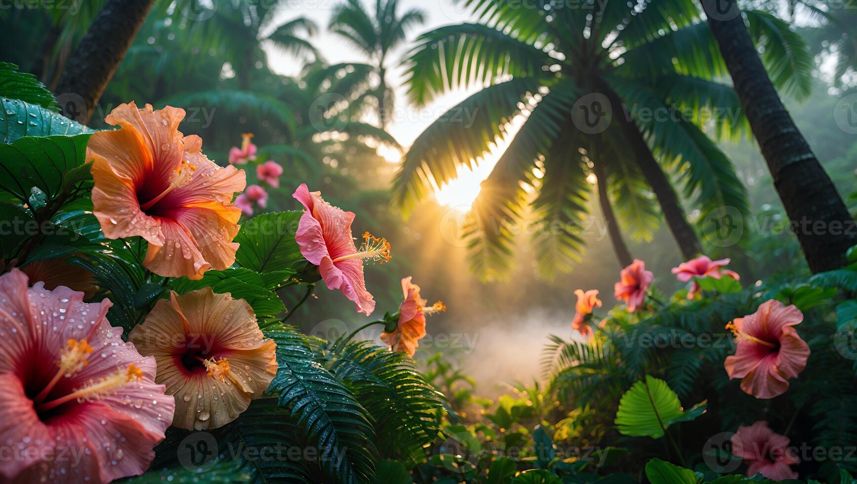 Hibiscus Flowers in a Tropical Forest at Sunrise with Mist photo