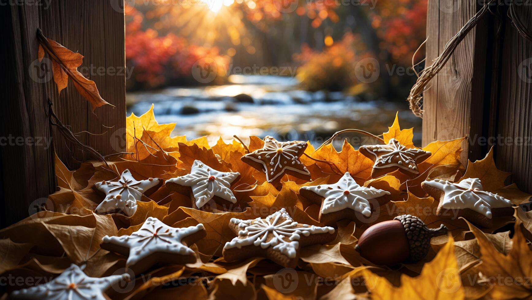 Star Cookies and Autumn Leaves with Woodland Scenery Background photo