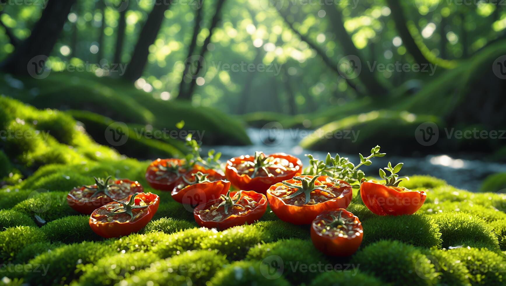 Arrangement of Tomatoes on Mossy Ground in Forest with Stream photo