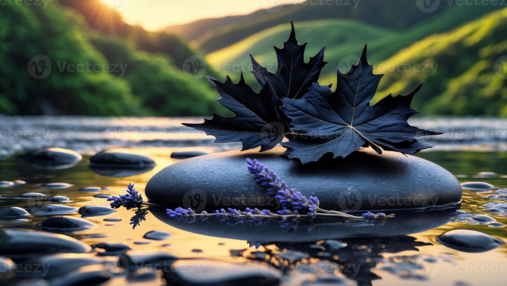 River Stone with Leaves and Lavender at Sunset in Green Valley photo