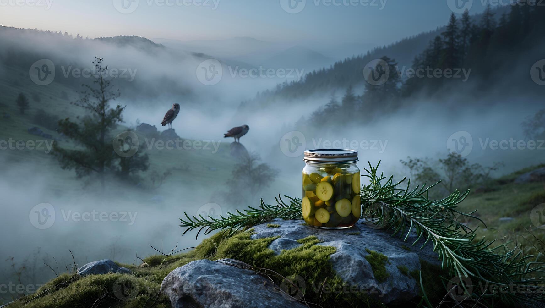 Jar of Pickles and Rosemary on Stone with Foggy Mountain View photo