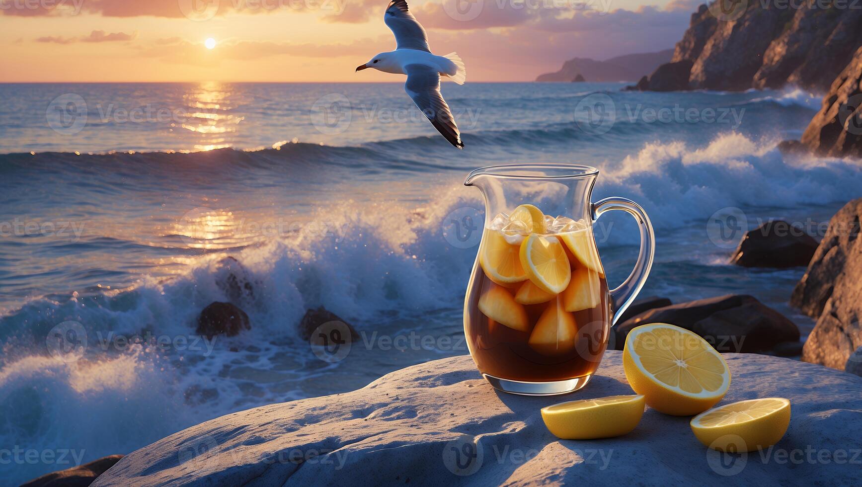 Lemonade Pitcher on Rocky Beach at Sunset with Flying Bird photo