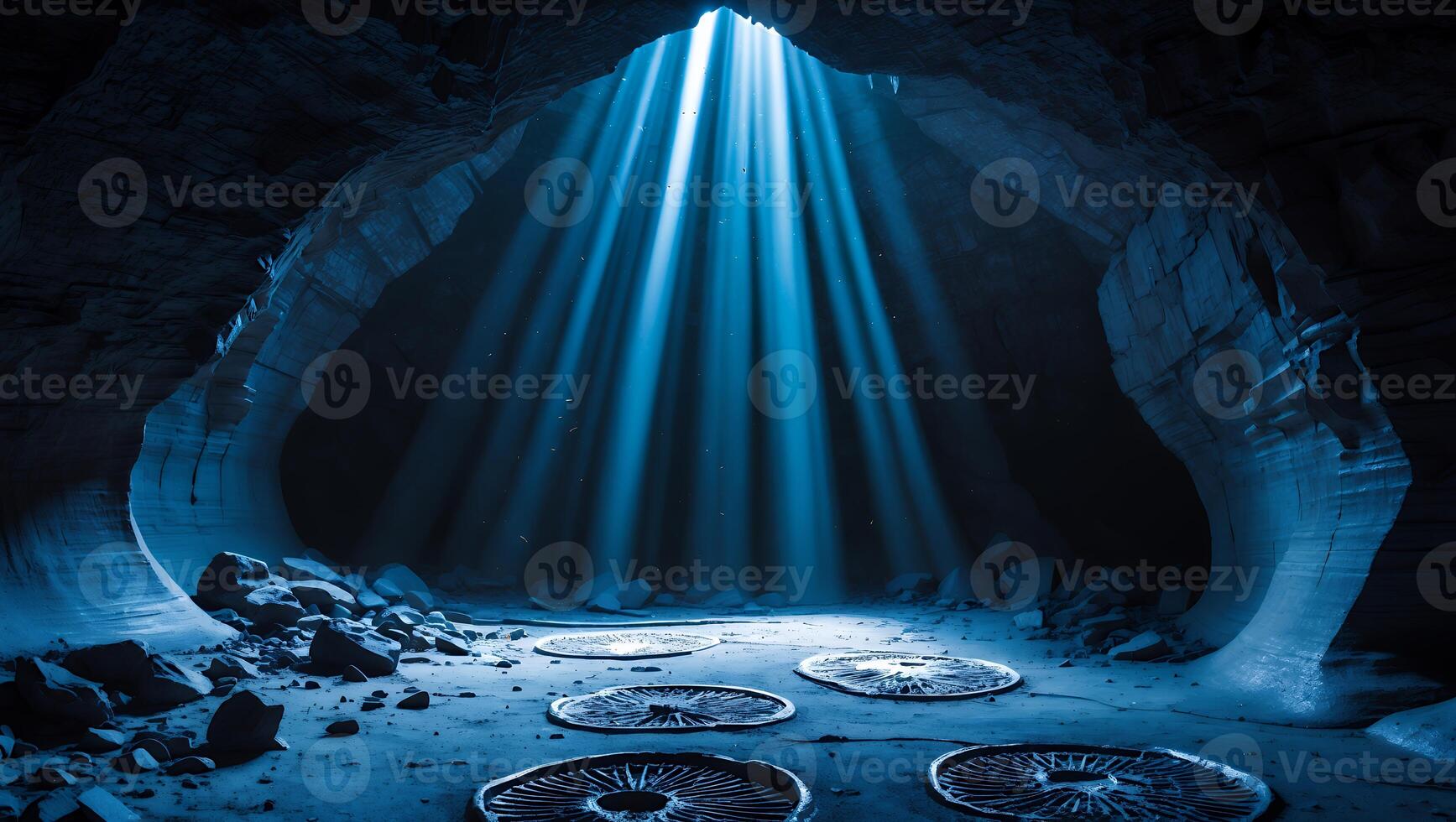 Rays of Light Shining Into Underground Cave Illuminating Round Stone photo