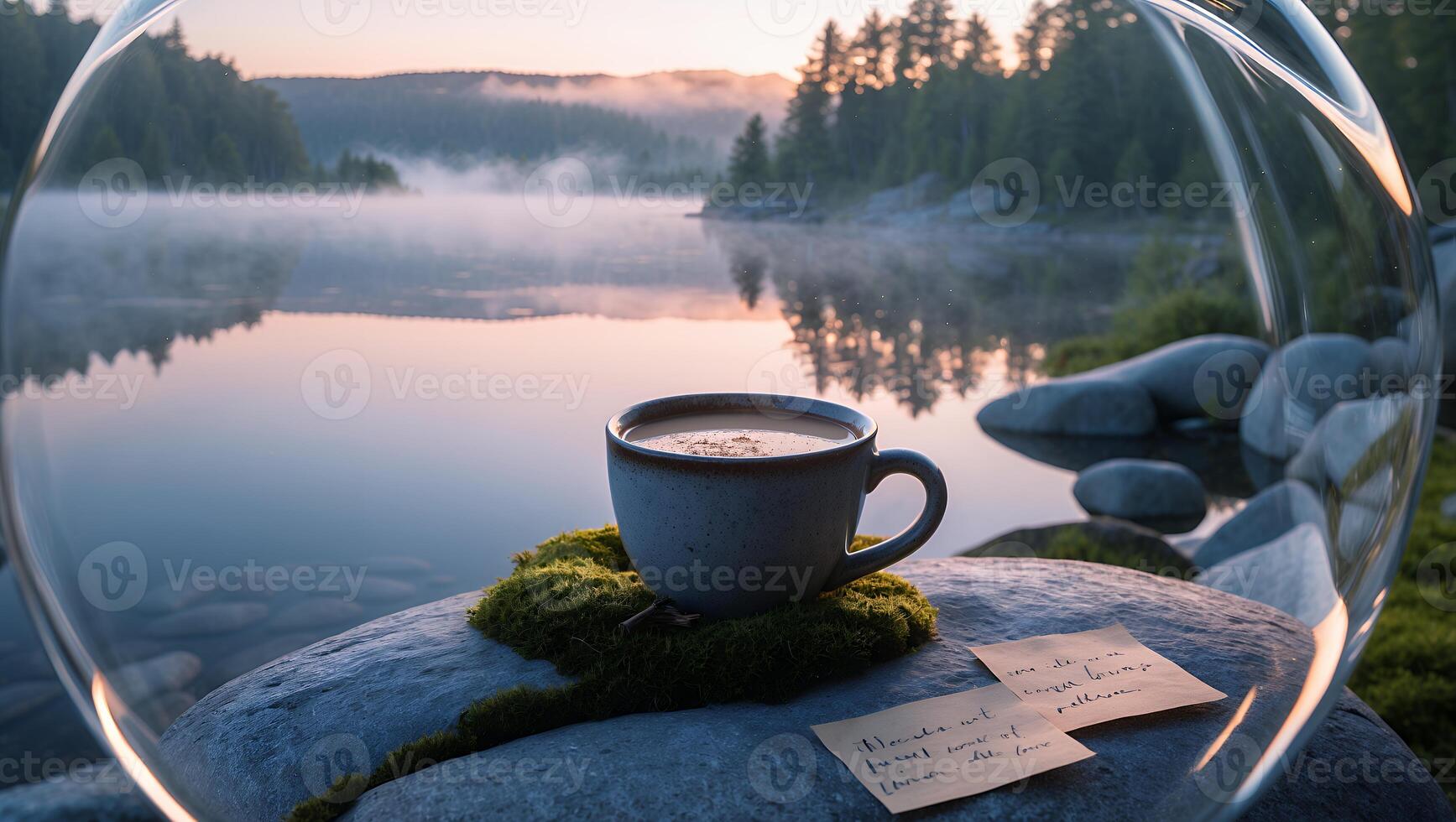 Cup of Coffee on Rock by Misty Lake at Sunrise photo