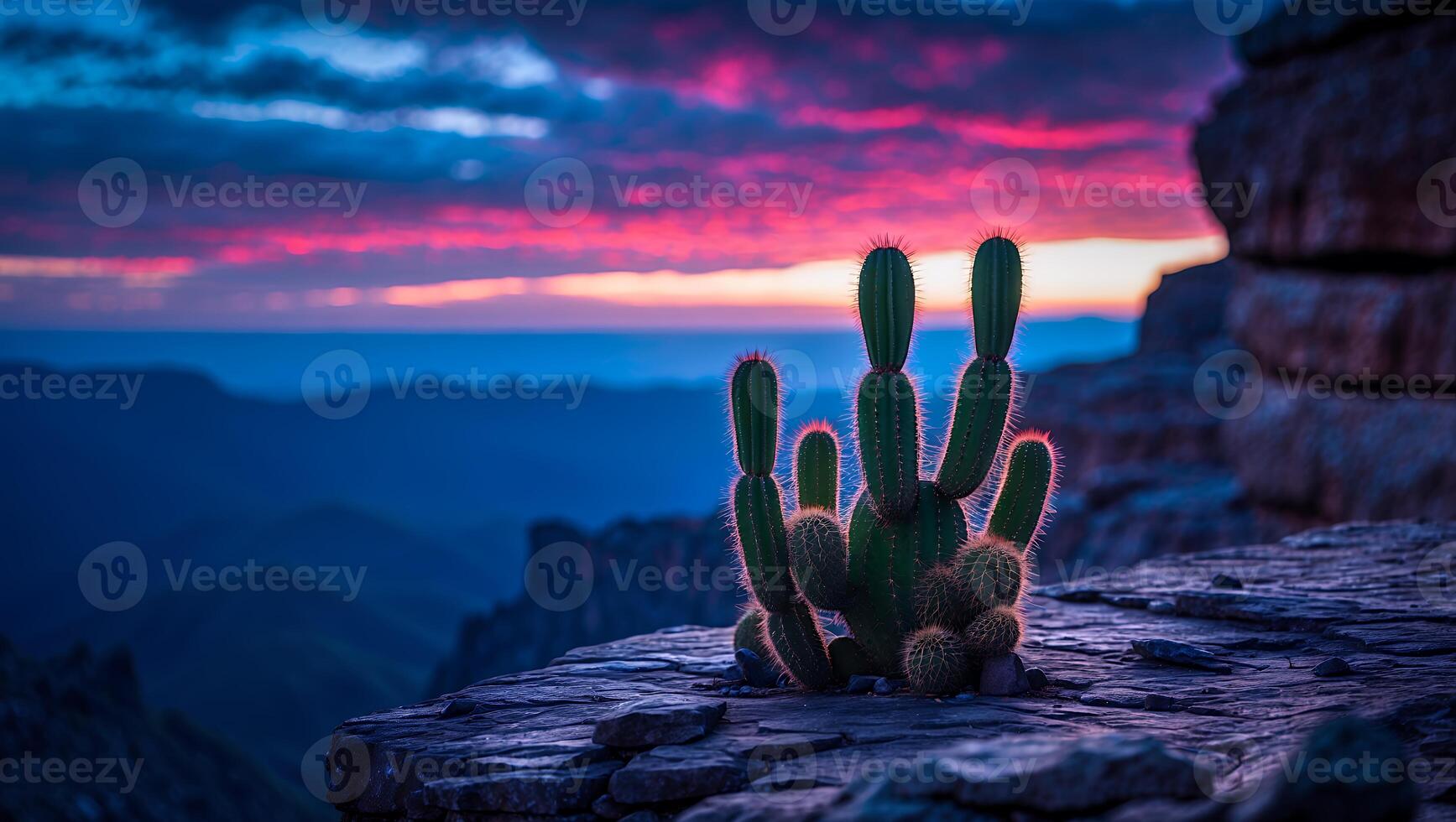 Cactus Growing on Rock Ledge with a Colorful Dusk Sky Backdrop photo