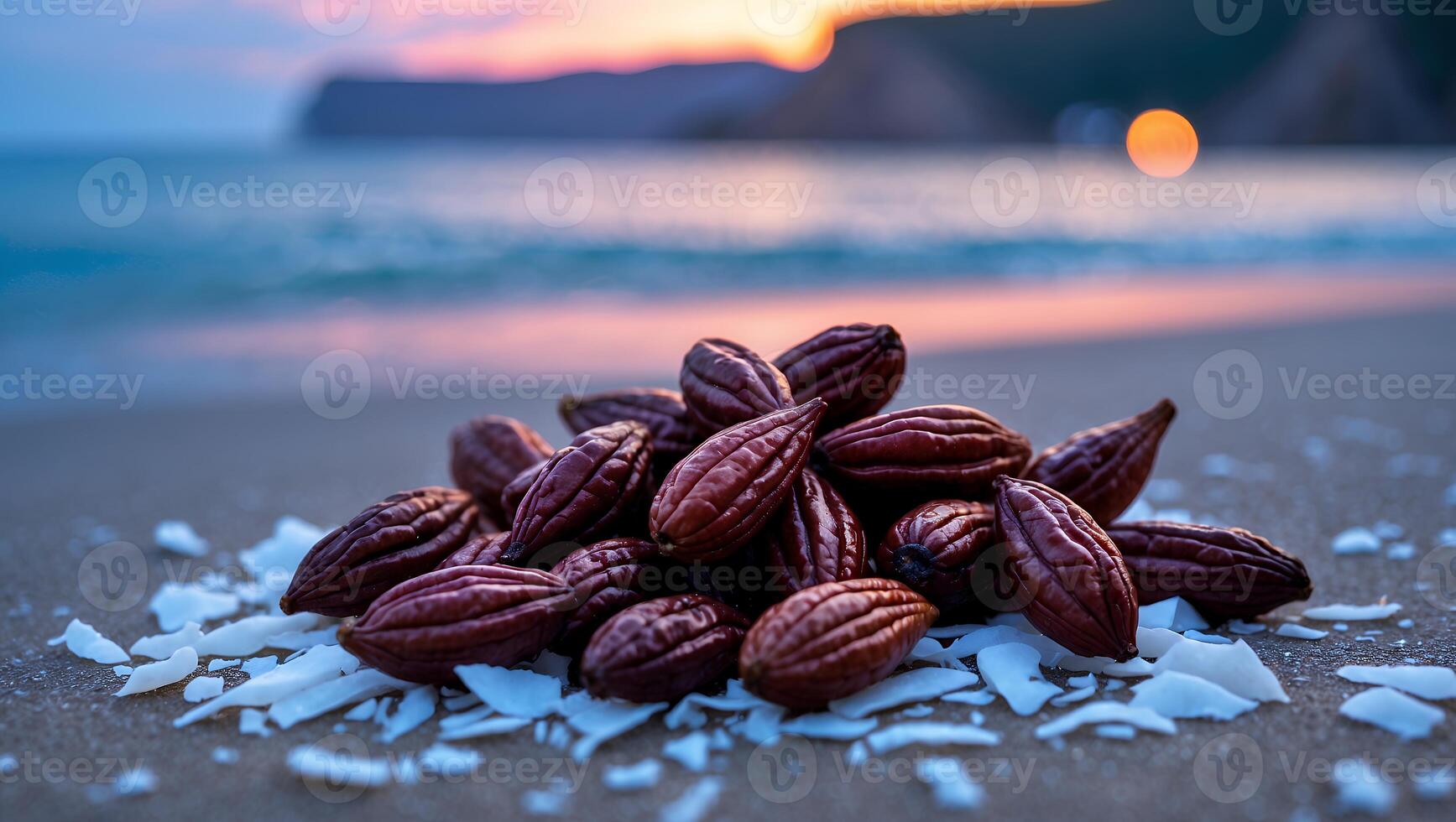 Cocoa Beans and Coconut Flakes on Beach at Sunset Scenery photo