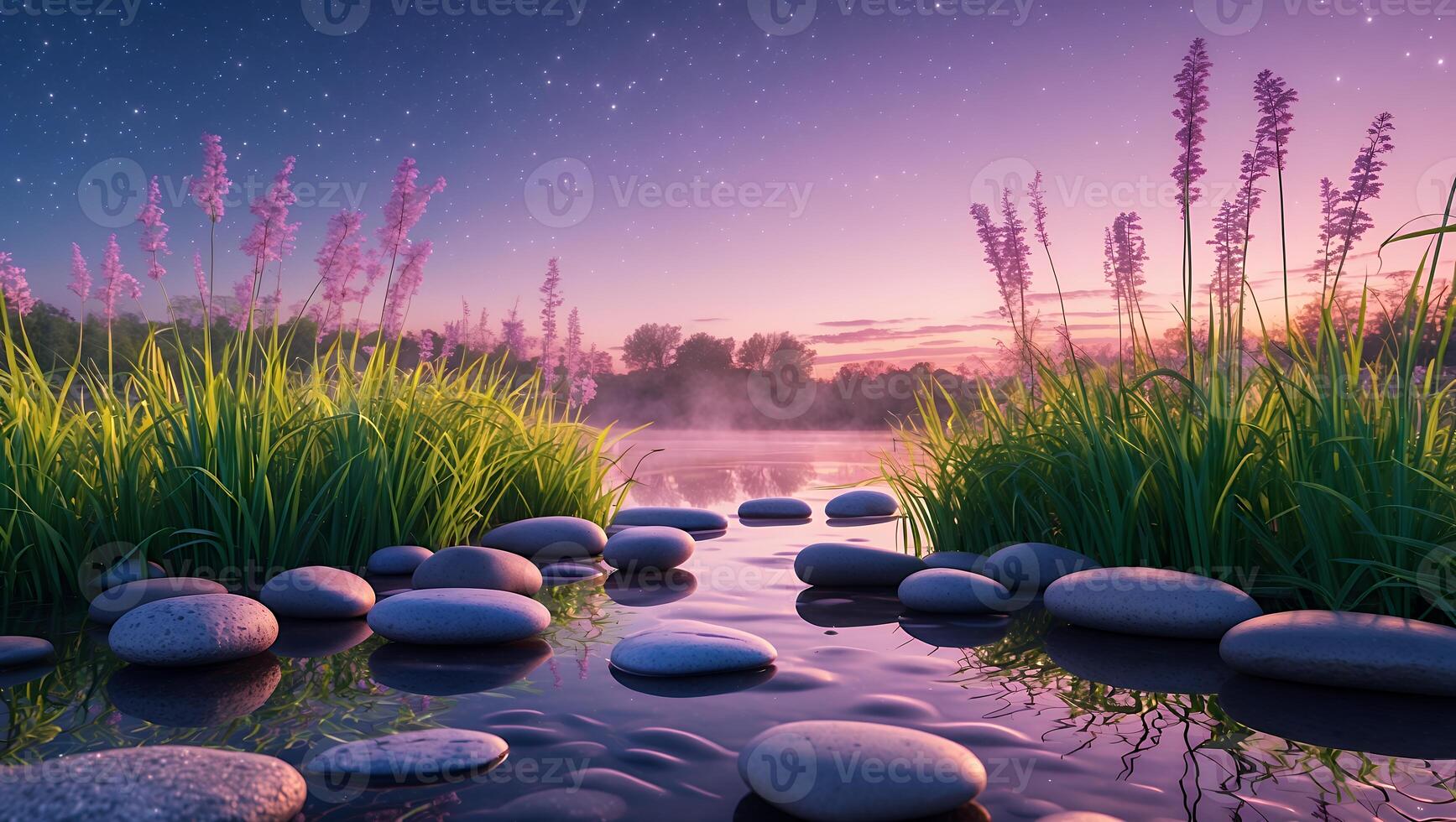 Tranquil Pond with Rocks and Grass at Dusk Under Starry Sky photo