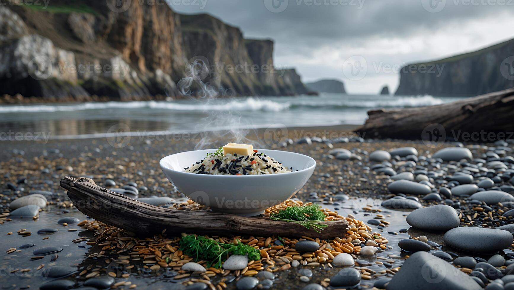 Rice Bowl with Butter on Beach Rocks Overlooking Ocean Cliffs photo