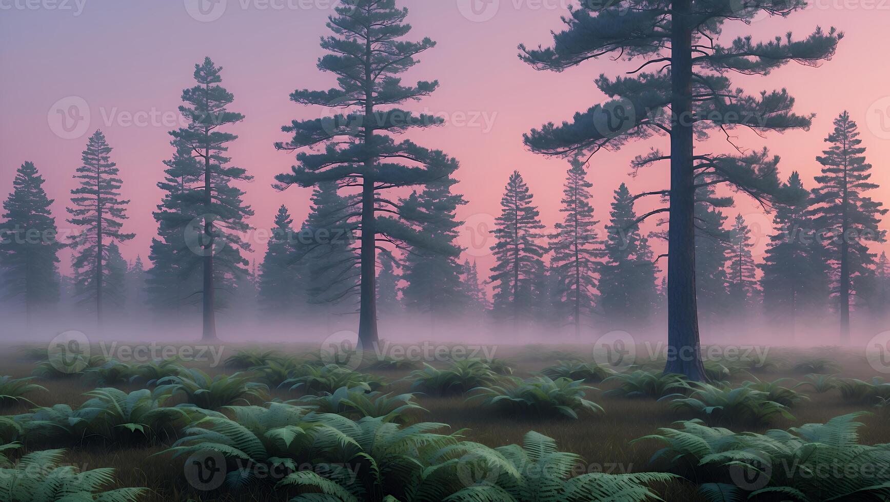 Foggy Forest Landscape at Sunset with Tall Trees and Green Ferns photo