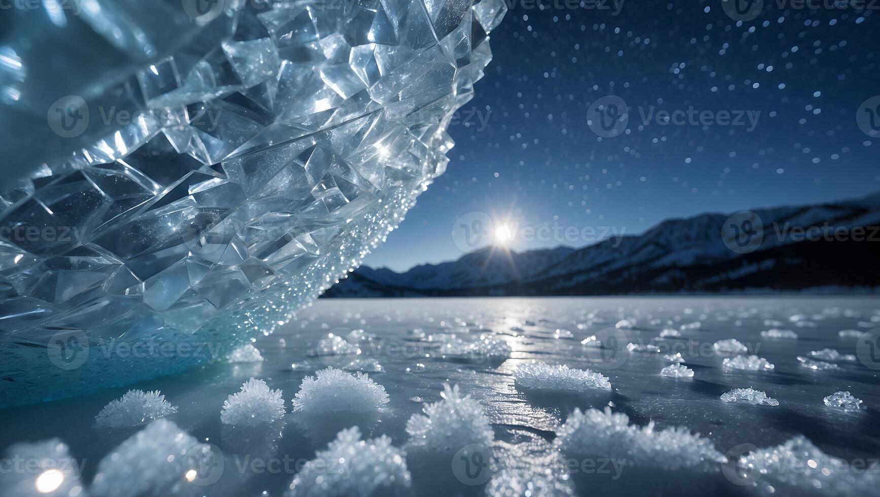 Icy Lake Landscape with Sparkling Ice Crystals and Mountain View photo