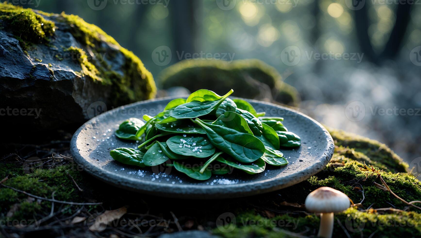 Serving Fresh Spinach on Plate in Mossy Forest Natural Setting photo