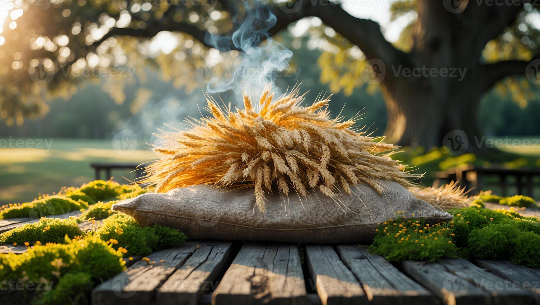 Wheat Bundle Resting on Pillow with Smoke in Outdoor Setting photo