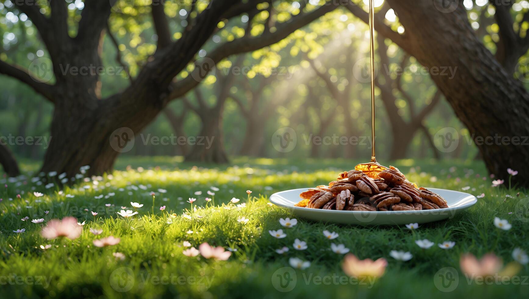 Pouring Honey Over Pecan Nuts on Plate in Spring Field photo