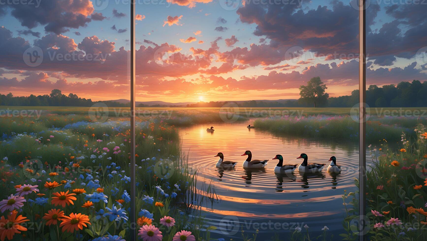 Ducks Swimming in Pond at Sunset with Colorful Flower Meadow photo