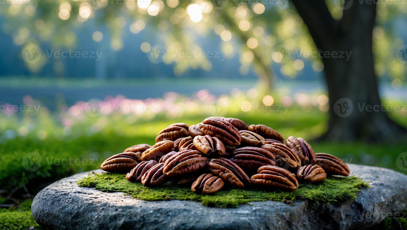 Pecan Nuts Pile Displayed on Mossy Stone with Garden Background photo