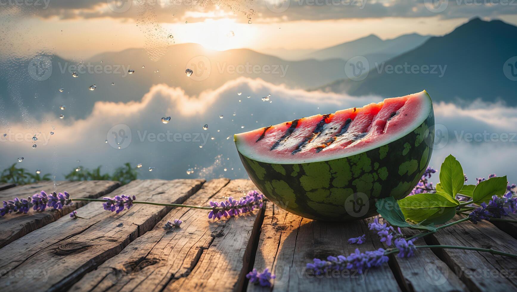 Grilled Watermelon Slice with Lavender on Rustic Wooden Surface at Sunset photo