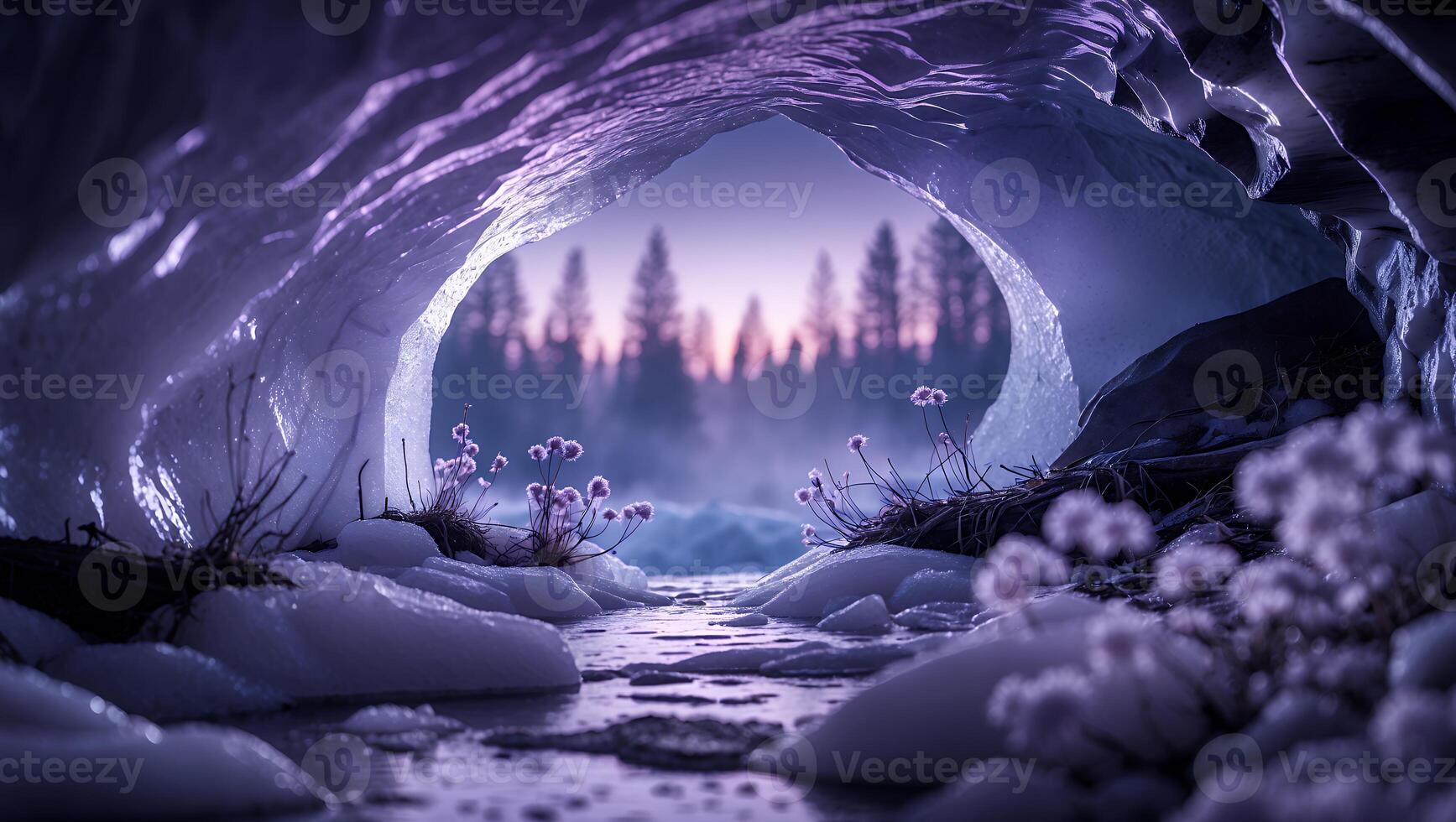 Exploring Ice Cave Opening to Forest at Dusk with Small Flowers photo