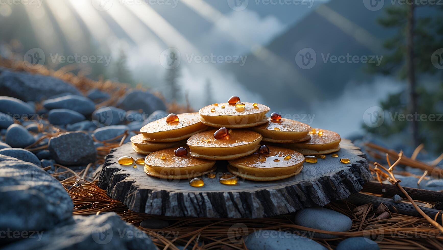 Pancakes Stacked Outdoors on Log Slice with Syrup and Rocks photo