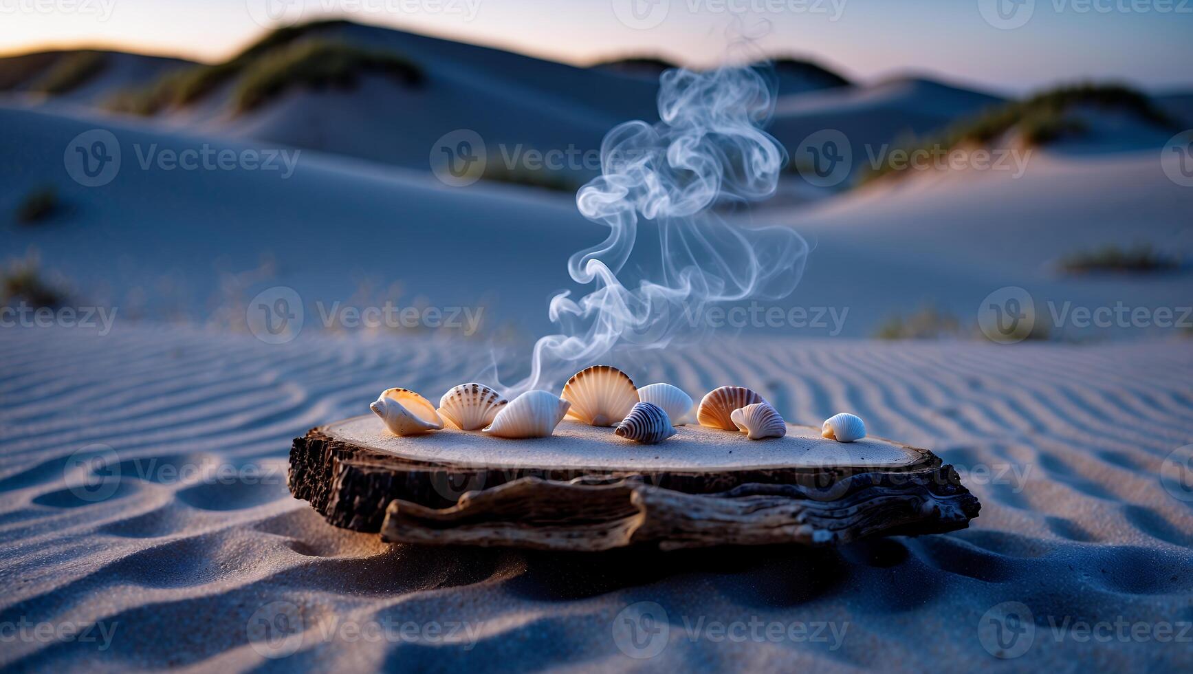 Seashells and Smoke on Wooden Slab at Sandy Beach Scenery photo