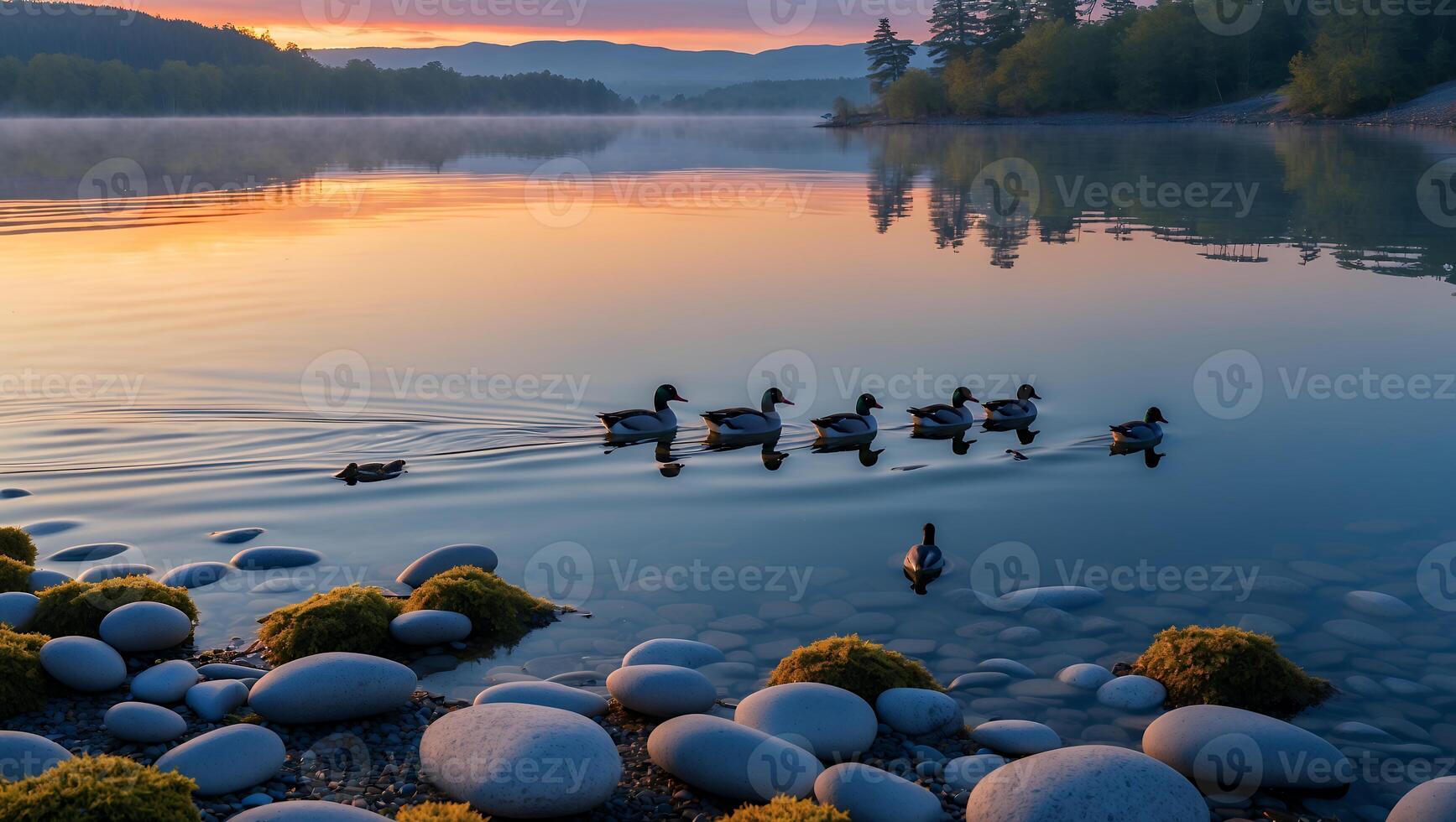 Ducks Swimming on Calm Lake at Sunrise with Rocky Shoreline photo