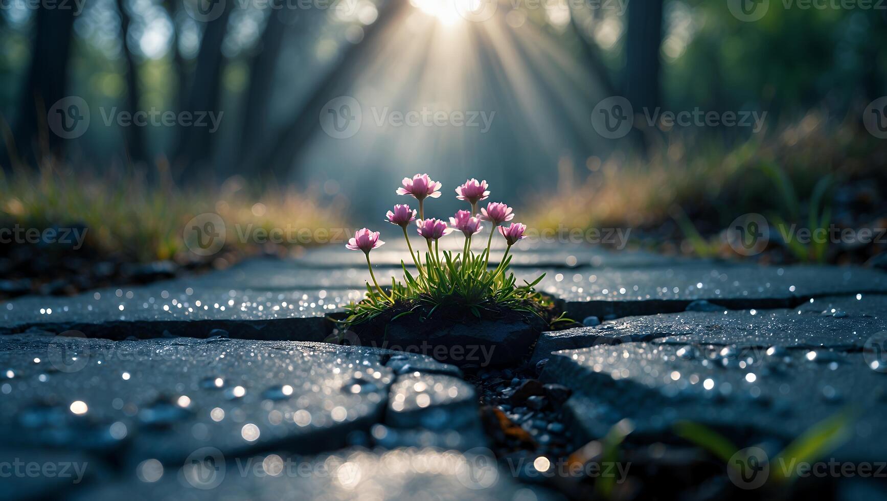 Pink Flowers Growing Through Cracks in Pavement with Sun Rays photo