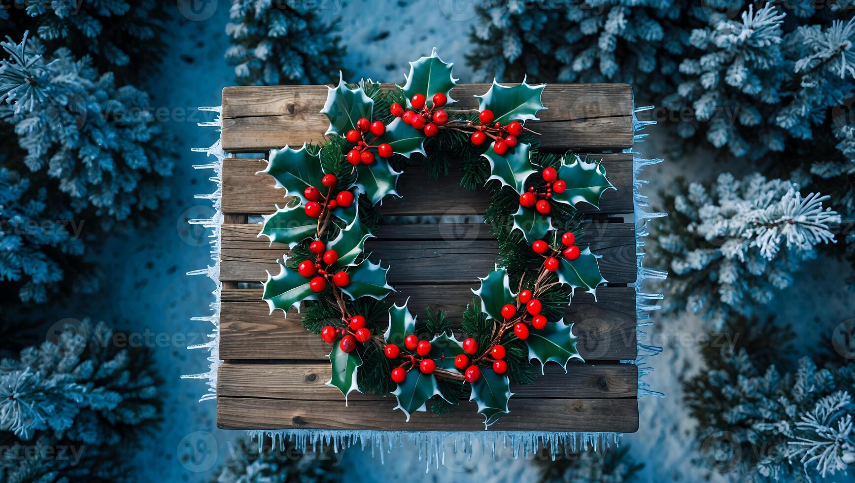 Festive Holly Wreath on Wooden Table in Winter Forest Scene photo