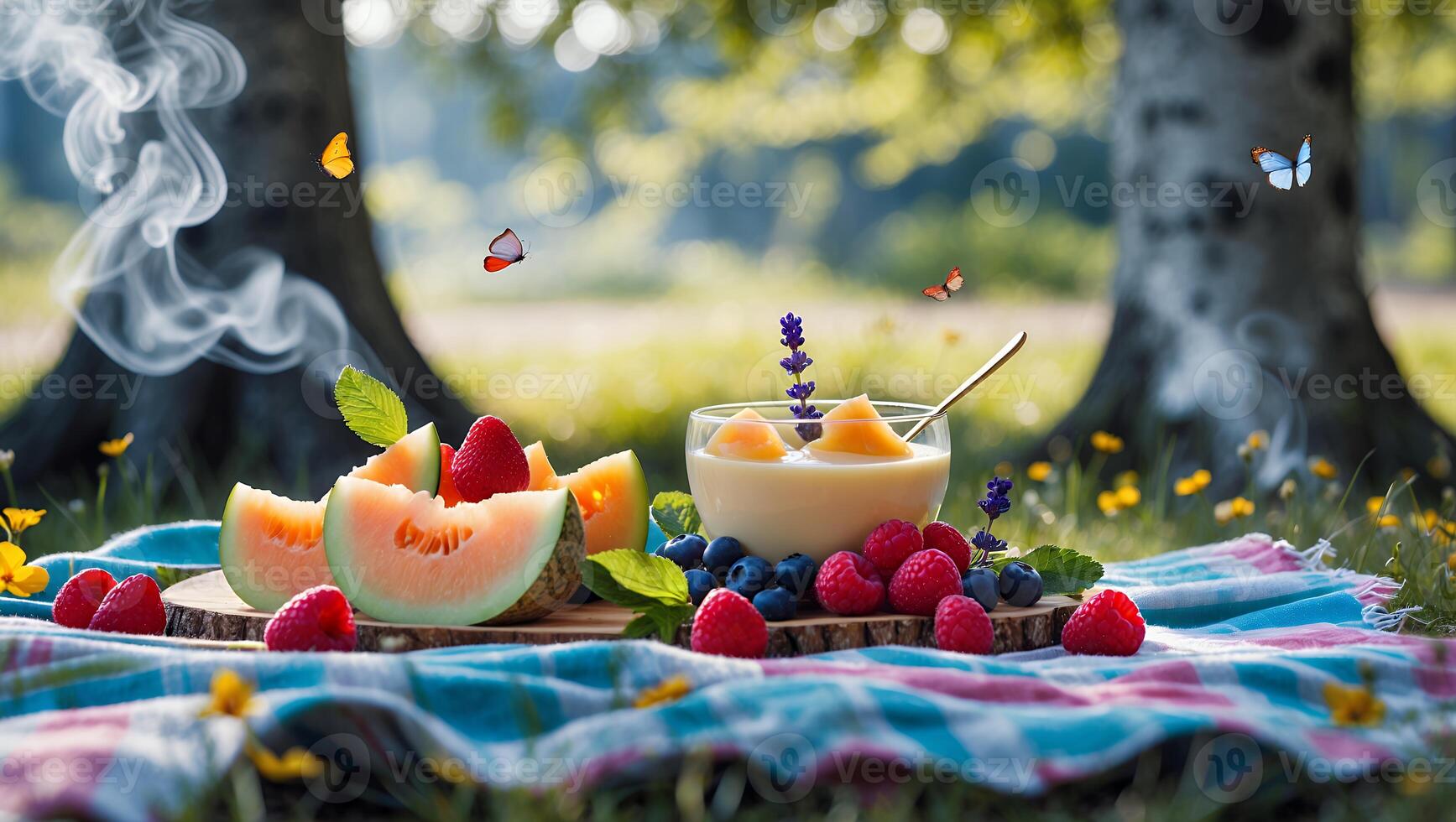 Enjoying Fruit and Yogurt on Picnic Blanket in Sunny Park photo