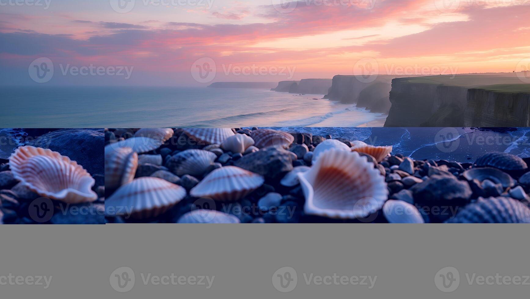 Seashells and Pebbles on Cliff Overlooking Ocean Waves at Sunrise photo