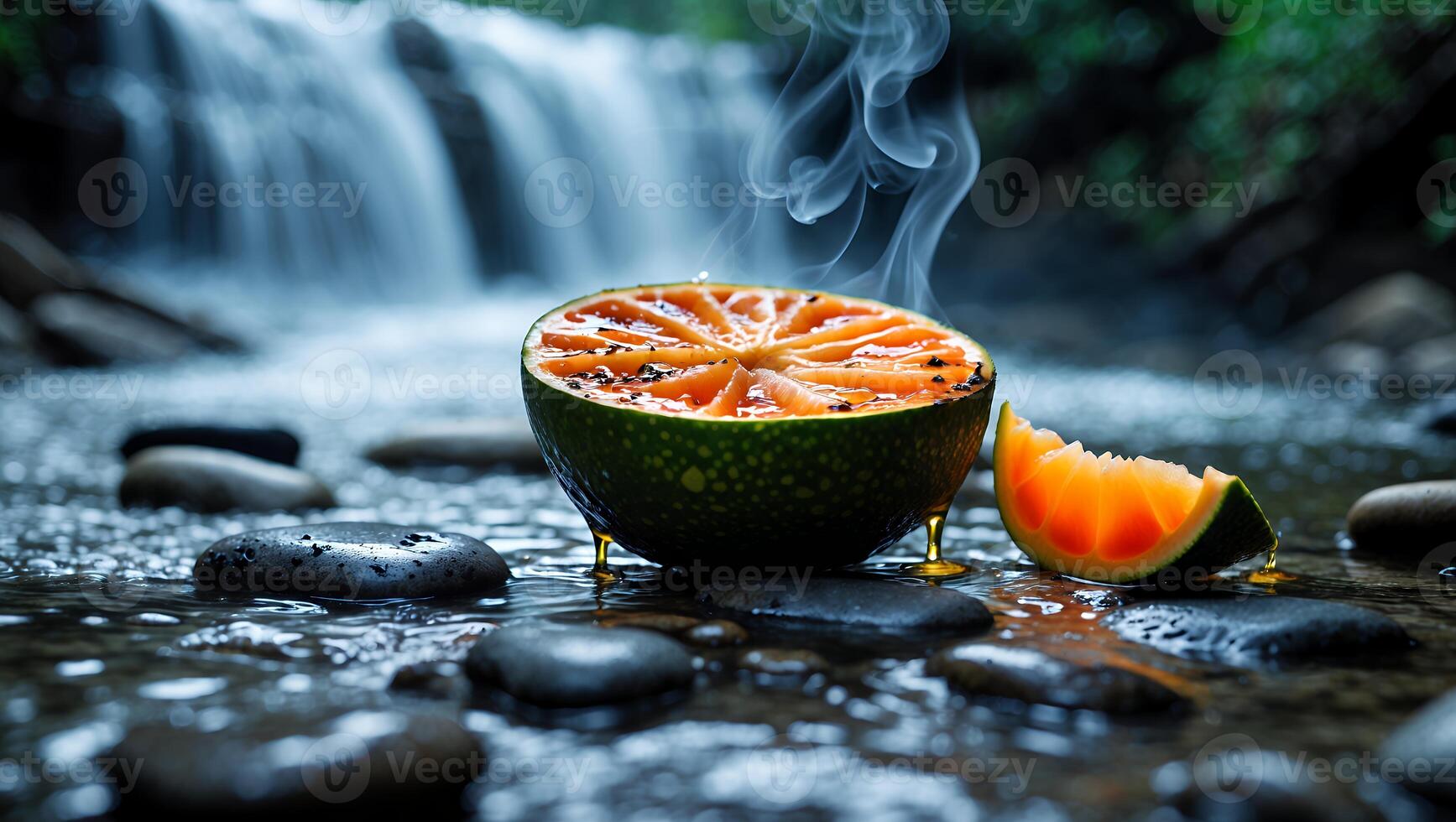 Steaming Citrus Fruit by Waterfall on Rocks in River Water photo