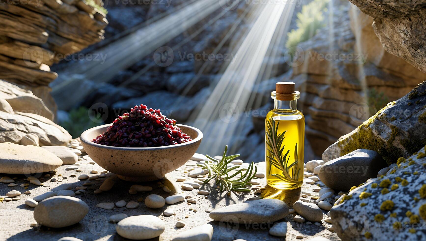 Presenting Red Berries in Bowl with Oil on Rock Surface photo