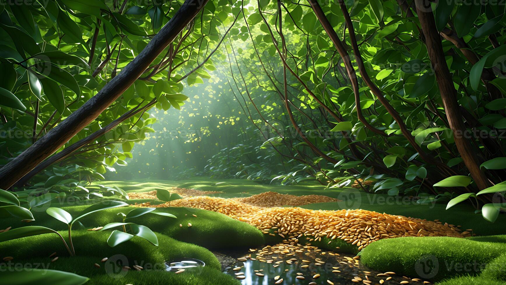 Walking Path Through Green Forest with Sunlight Breaking Through Trees photo