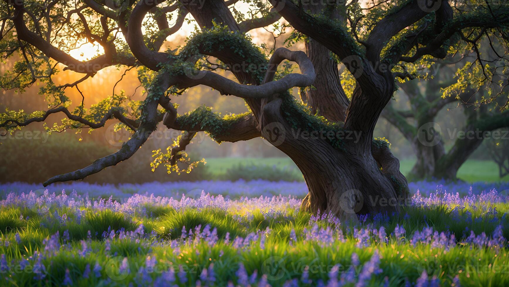 Old Tree Standing in Field of Bluebells at Sunset Scene photo
