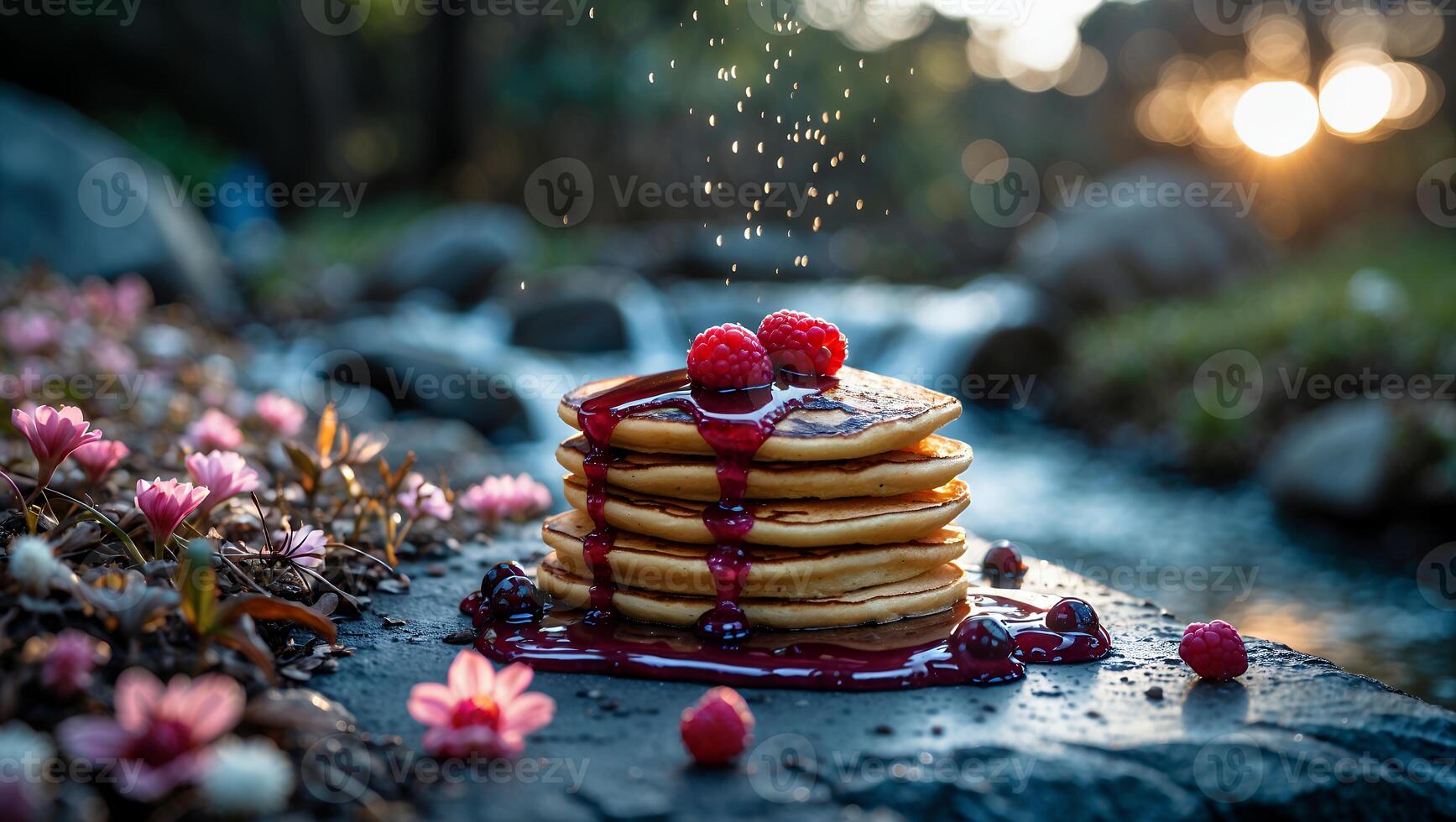 Stack of Pancakes with Berries and Syrup on Stone by Stream photo