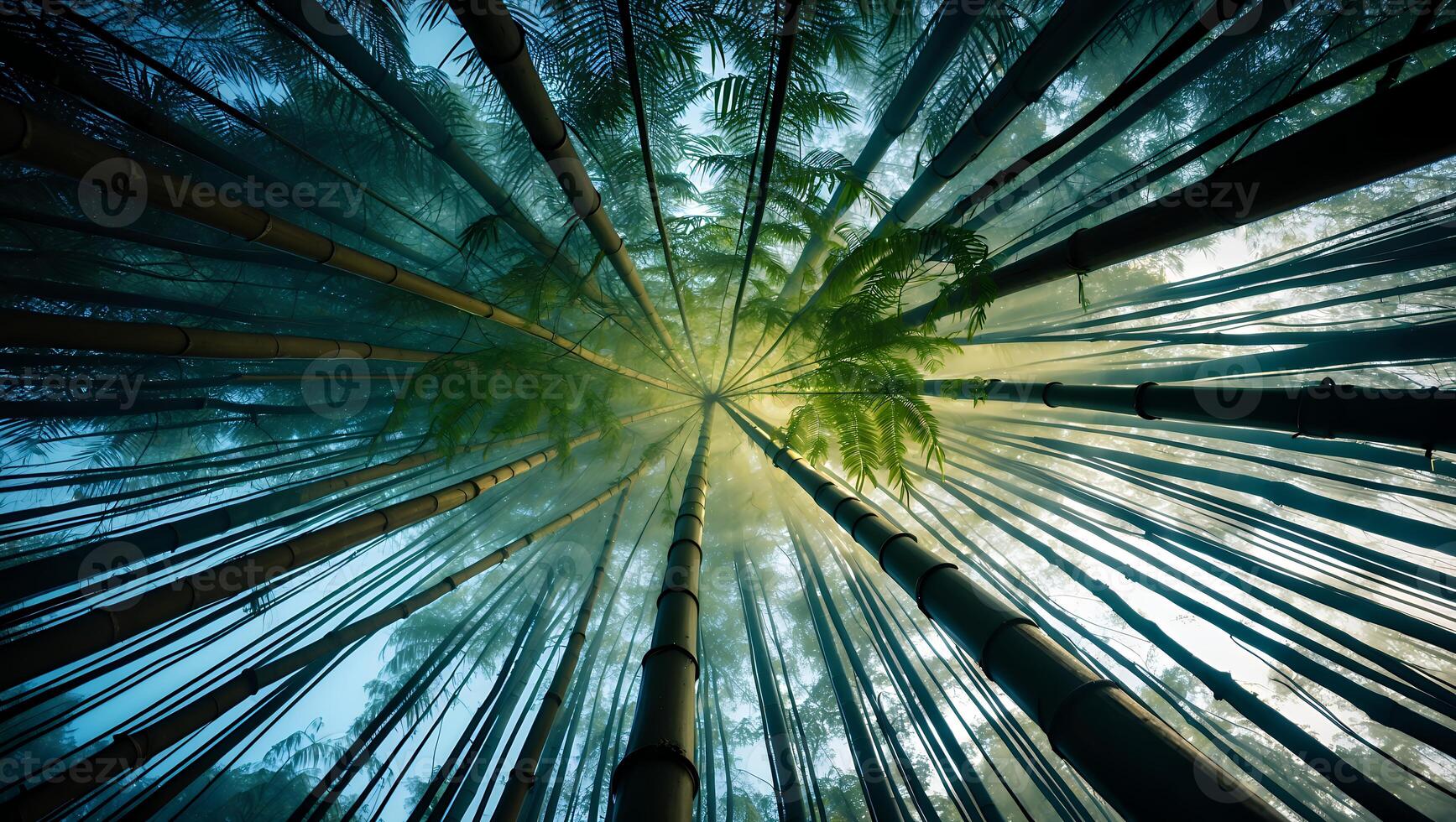 Looking Up Through a Dense Bamboo Forest Canopy with Fog photo